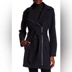 Via Spiga Navy water-resistant cotton blend belted hooded trench coat size Large